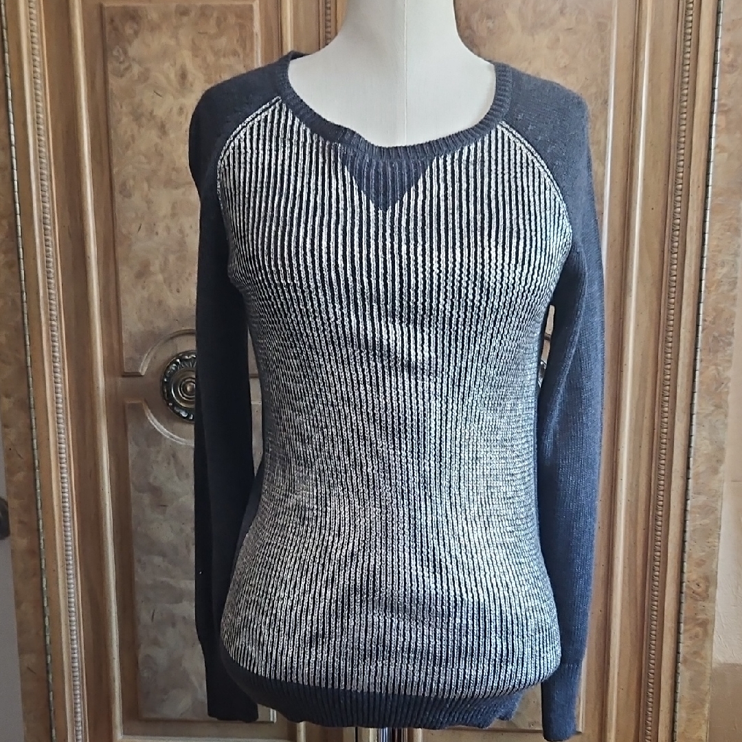 Halogen Charcoal And Silver Metallic Ribbed Boatneck Sweater Petite Xs Nwt